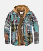Men's hooded flannel overshirt with quilted lining, perfect for casual layering in cool weather. 0