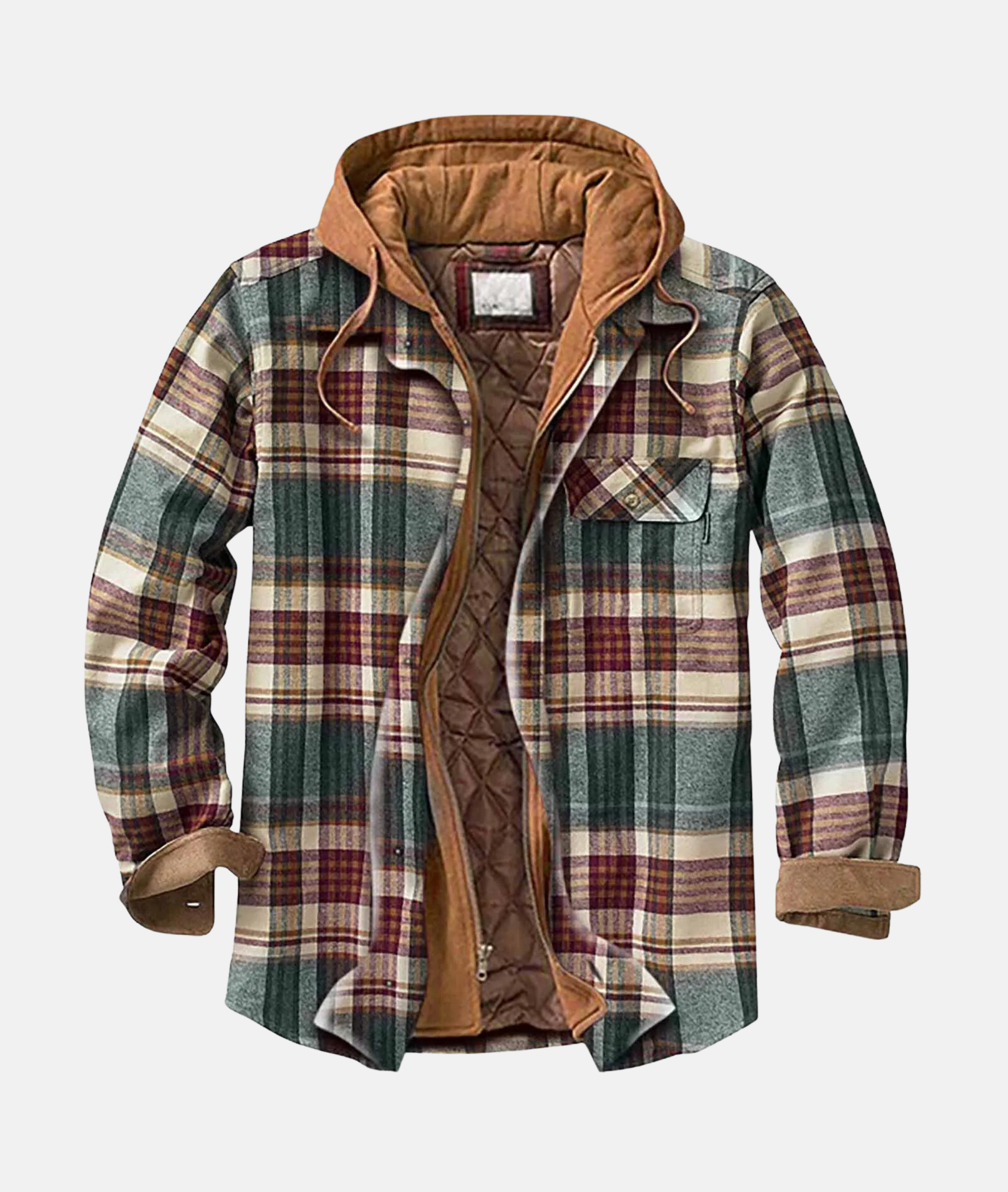 Men's hooded flannel overshirt with quilted lining, perfect for casual layering in cool weather. 1