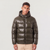 Men's hooded puffer jacket featuring zip pockets and a glossy quilted finish, designed for a relaxed fit, perfect for winter wear. 0