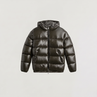 Men's hooded puffer jacket featuring zip pockets and a glossy quilted finish, designed for a relaxed fit, perfect for winter wear. 6