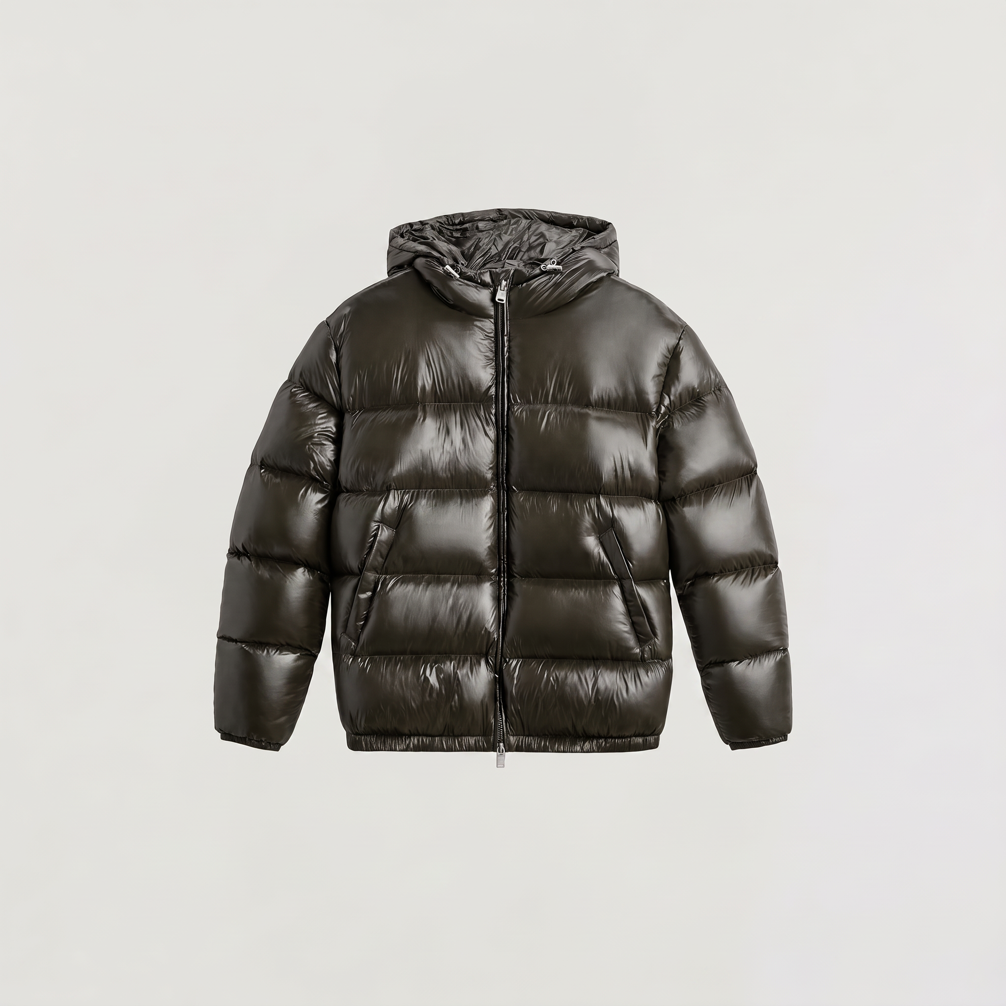 Men's hooded puffer jacket featuring zip pockets and a glossy quilted finish, designed for a relaxed fit, perfect for winter wear. 6