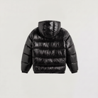 Men's hooded puffer jacket featuring zip pockets and a glossy quilted finish, designed for a relaxed fit, perfect for winter wear. 7