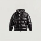 Men's hooded puffer jacket featuring zip pockets and a glossy quilted finish, designed for a relaxed fit, perfect for winter wear. 8