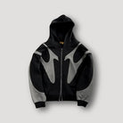 Men's black hoodie with zipper featuring a bold flame pattern, perfect for trendy streetwear and casual outings. 1