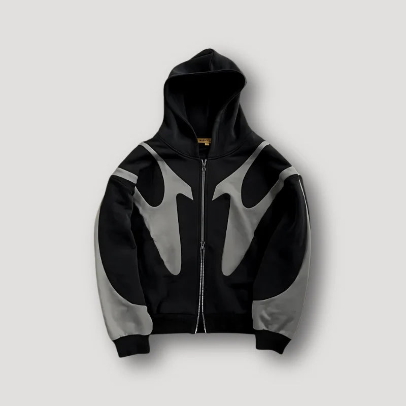 Men's black hoodie with zipper featuring a bold flame pattern, perfect for trendy streetwear and casual outings. 1