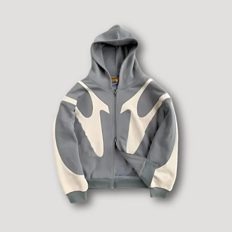 Men's black hoodie with zipper featuring a bold flame pattern, perfect for trendy streetwear and casual outings. 2