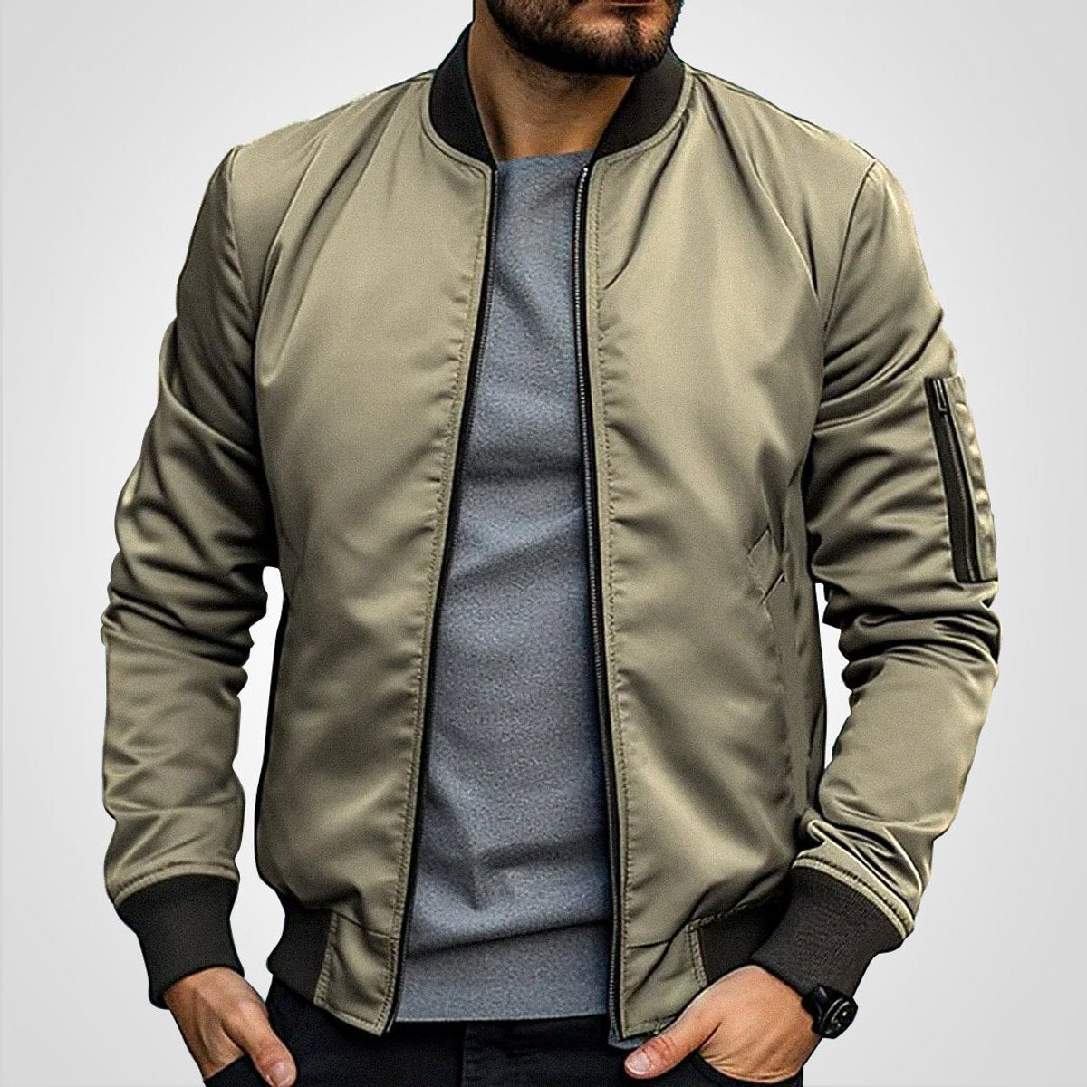 Men's insulated bomber jacket featuring a zip pocket, designed for winter warmth with a classic flight coat style. 3