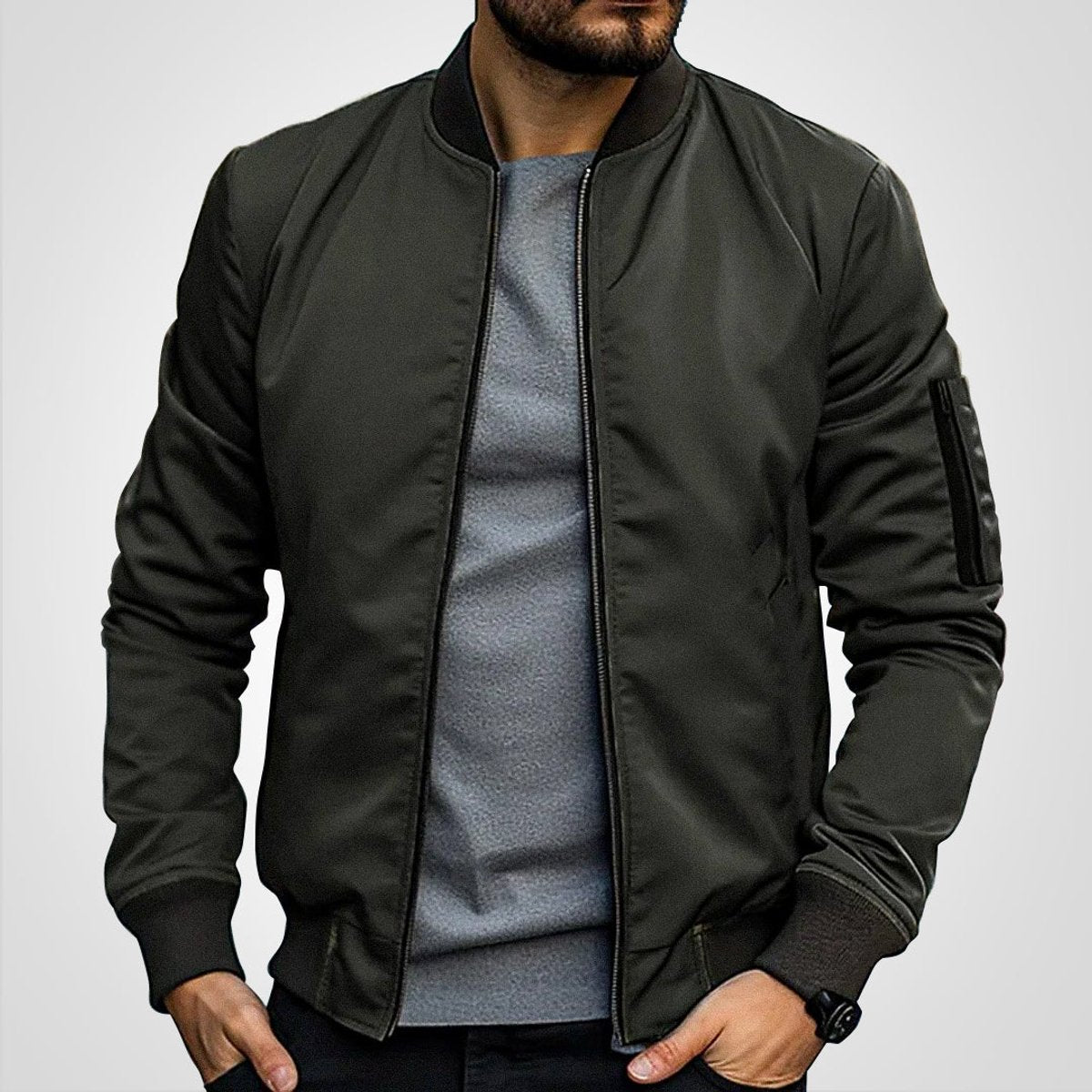 Men's insulated bomber jacket featuring a zip pocket, designed for winter warmth with a classic flight coat style. 4