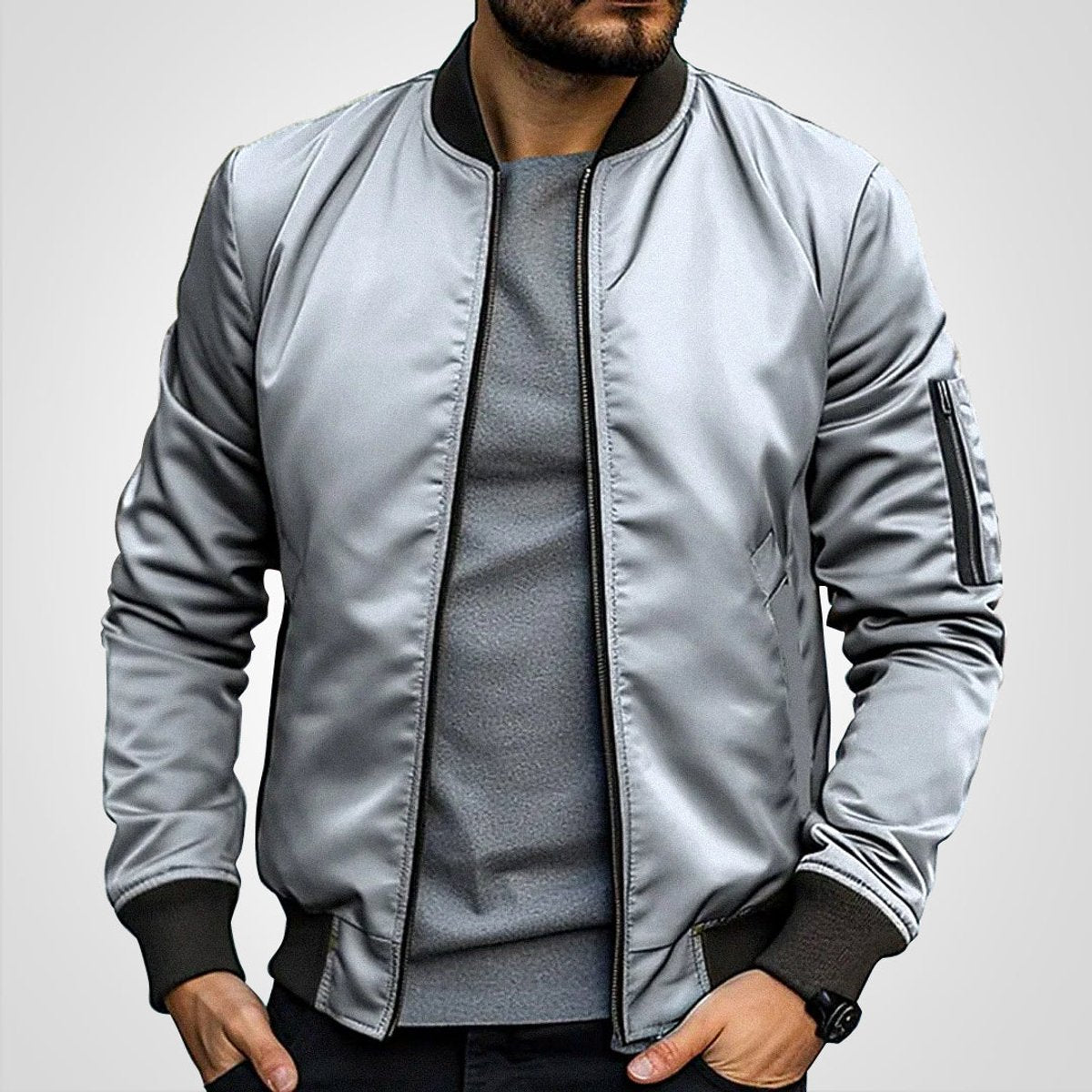 Men's insulated bomber jacket featuring a zip pocket, designed for winter warmth with a classic flight coat style. 6