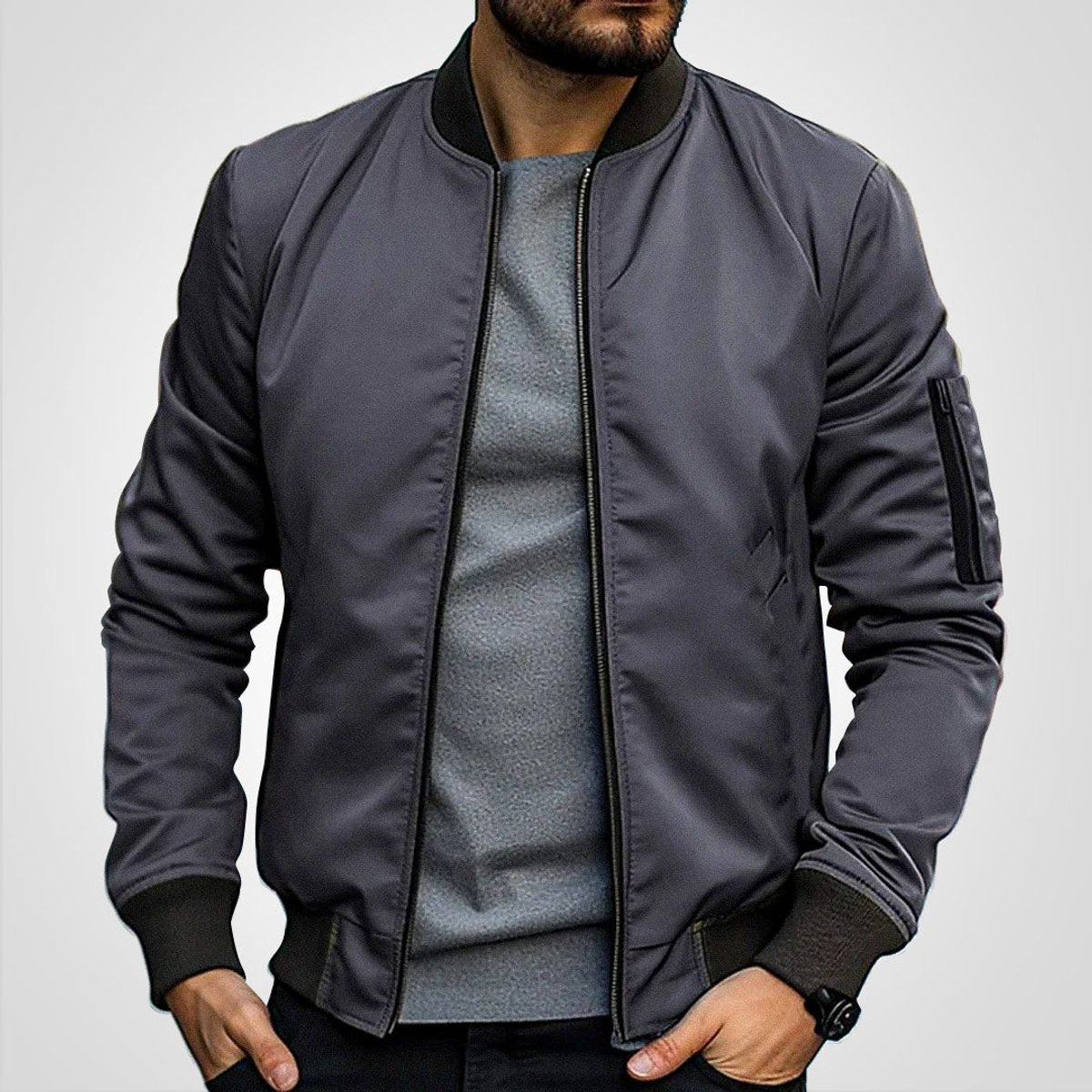Men's insulated bomber jacket featuring a zip pocket, designed for winter warmth with a classic flight coat style. 7