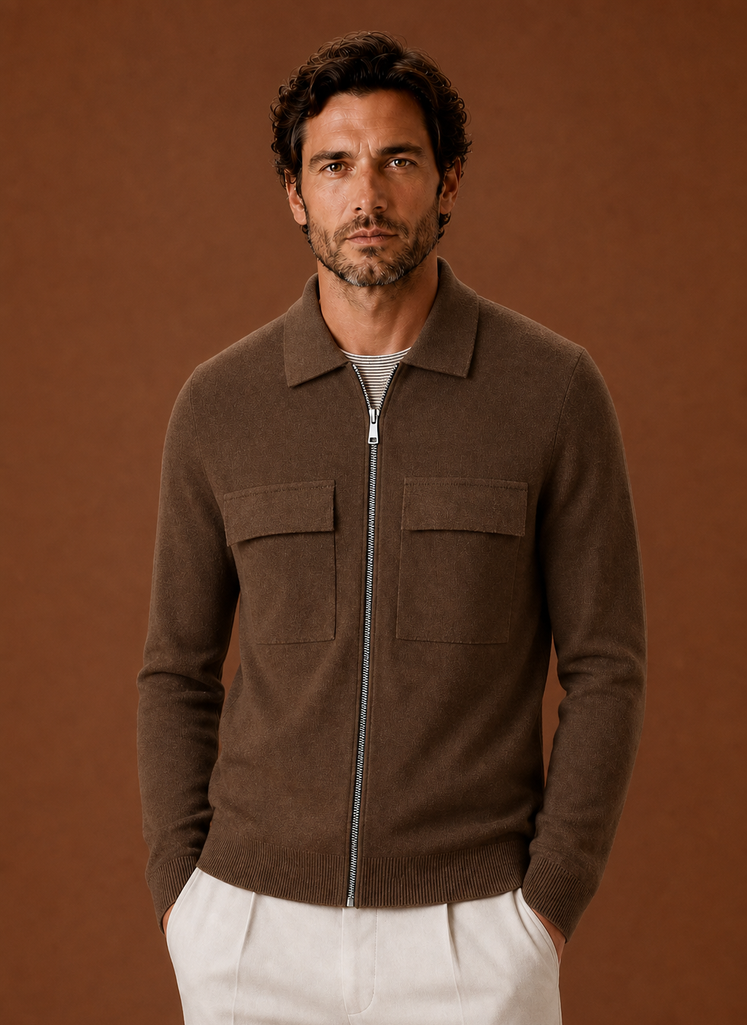 Men's premium knit smart casual overshirt featuring a full-zip closure and chest pockets, ideal for stylish layering in any season. 4