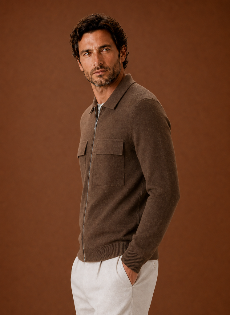 Men's premium knit smart casual overshirt featuring a full-zip closure and chest pockets, ideal for stylish layering in any season. 7