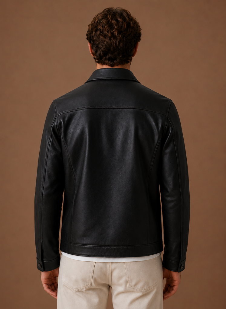 Men's jacket featuring a full-zip closure and side pockets, designed with a classic leather look for a stylish and versatile outerwear option. 3