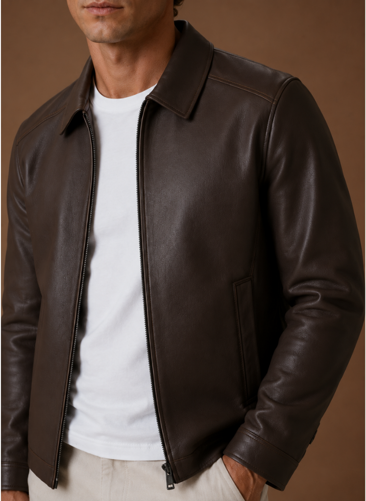 Men's jacket featuring a full-zip closure and side pockets, designed with a classic leather look for a stylish and versatile outerwear option. 8