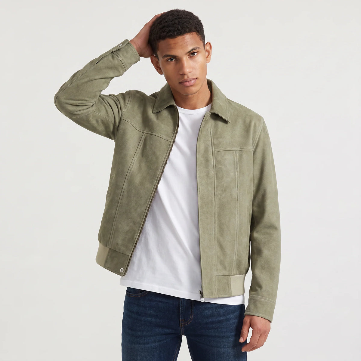 Men's jacket featuring a full zip closure and point collar, designed in a casual suede-look style made from synthetic fabric, perfect for versatile everyday wear. 0