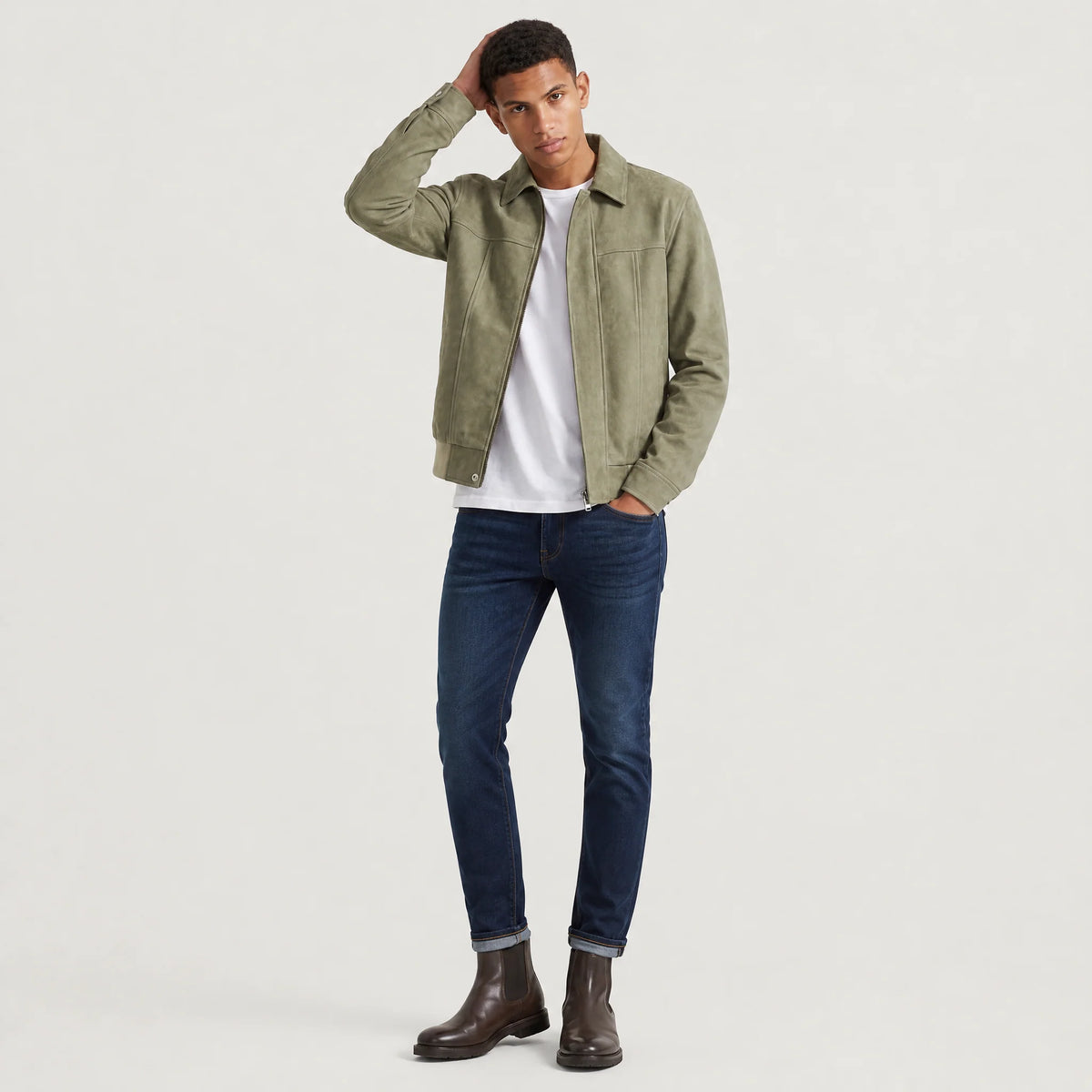 Men's jacket featuring a full zip closure and point collar, designed in a casual suede-look style made from synthetic fabric, perfect for versatile everyday wear. 2