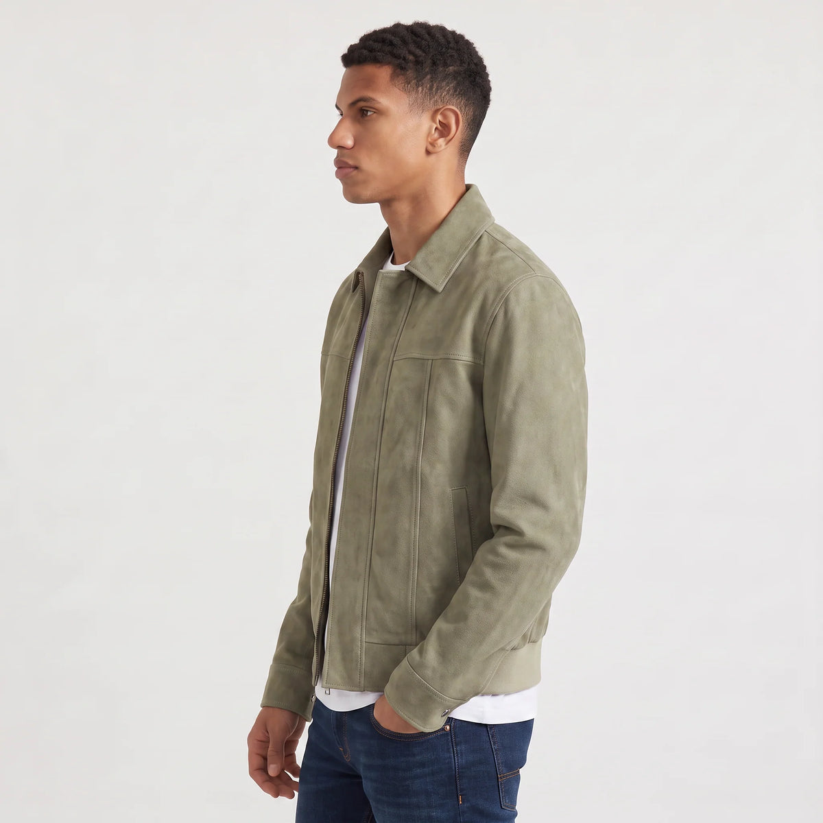 Men's jacket featuring a full zip closure and point collar, designed in a casual suede-look style made from synthetic fabric, perfect for versatile everyday wear. 3