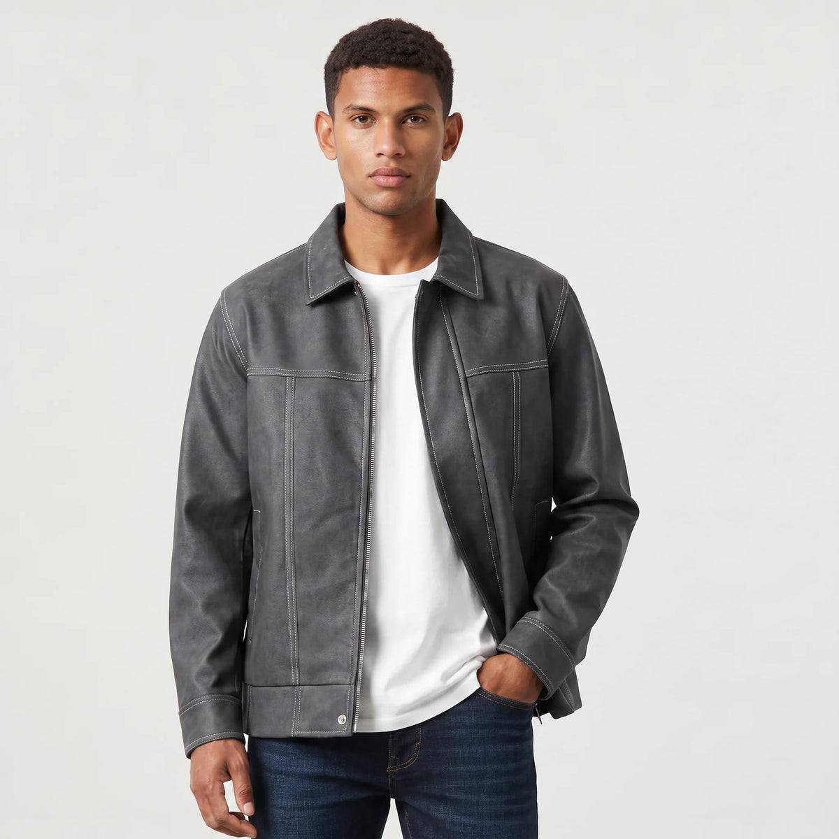 Men's jacket featuring a full zip closure and point collar, designed in a casual suede-look style made from synthetic fabric, perfect for versatile everyday wear. 6