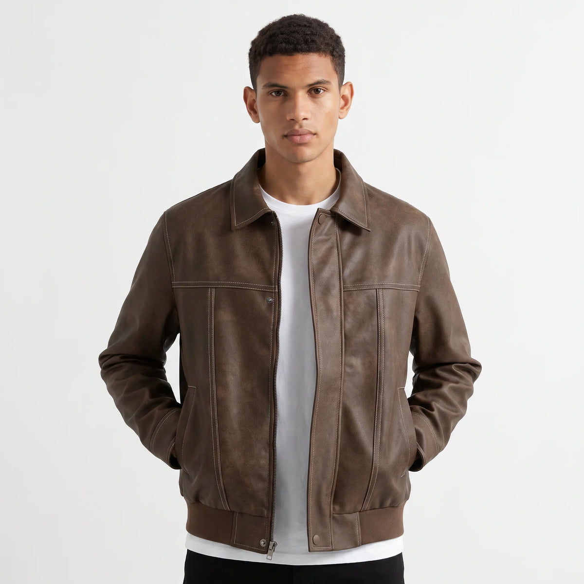 Men's jacket featuring a full zip closure and point collar, designed in a casual suede-look style made from synthetic fabric, perfect for versatile everyday wear. 9