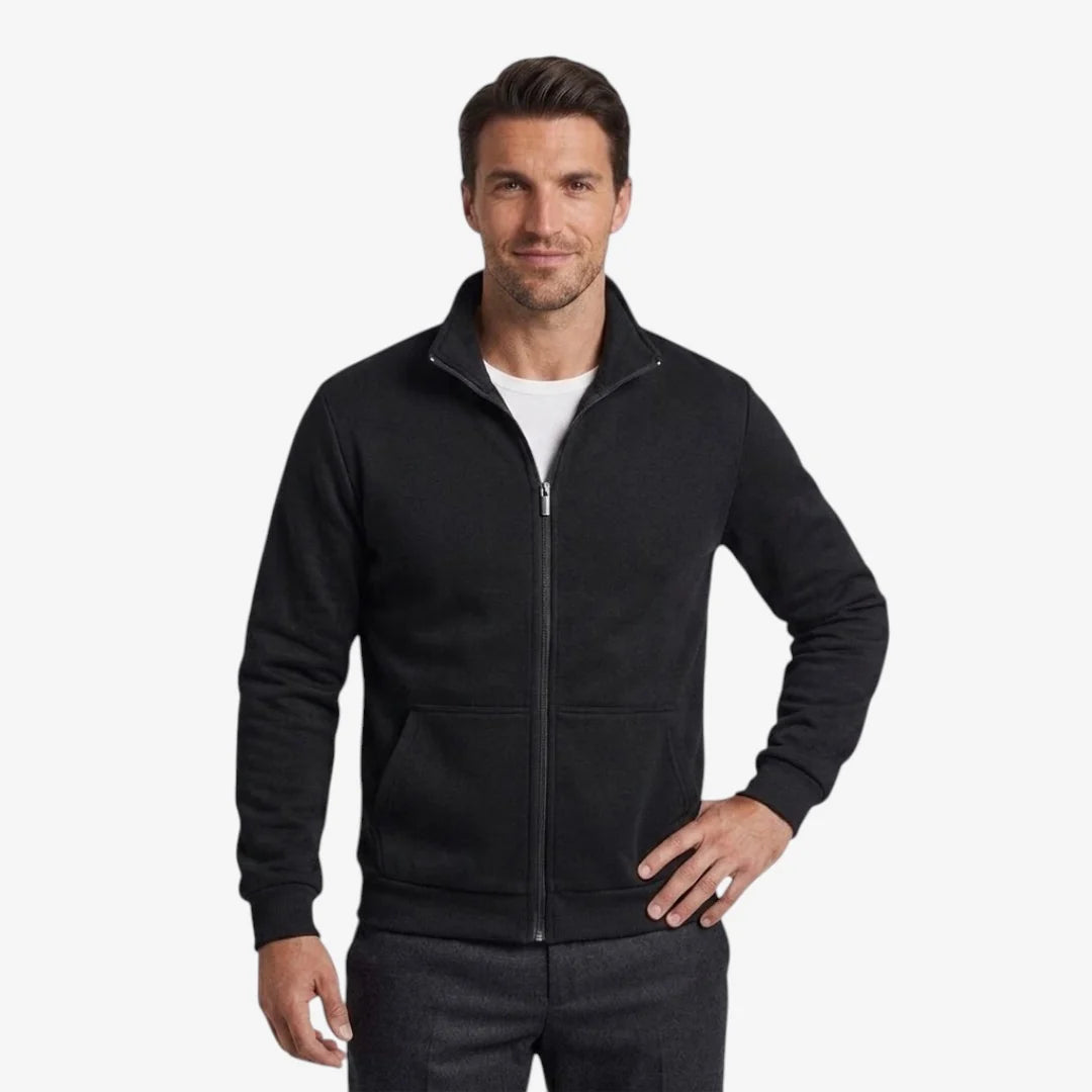 Men's casual knit jacket featuring a high-neck design and full-zip closure, perfect for layering in cool weather. 0