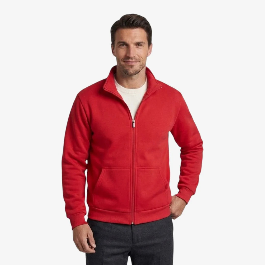 Men's casual knit jacket featuring a high-neck design and full-zip closure, perfect for layering in cool weather. 9