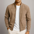 Men's slim-fit bomber jacket featuring a stylish quilted design and soft suede texture, perfect for casual and semi-formal occasions. 0