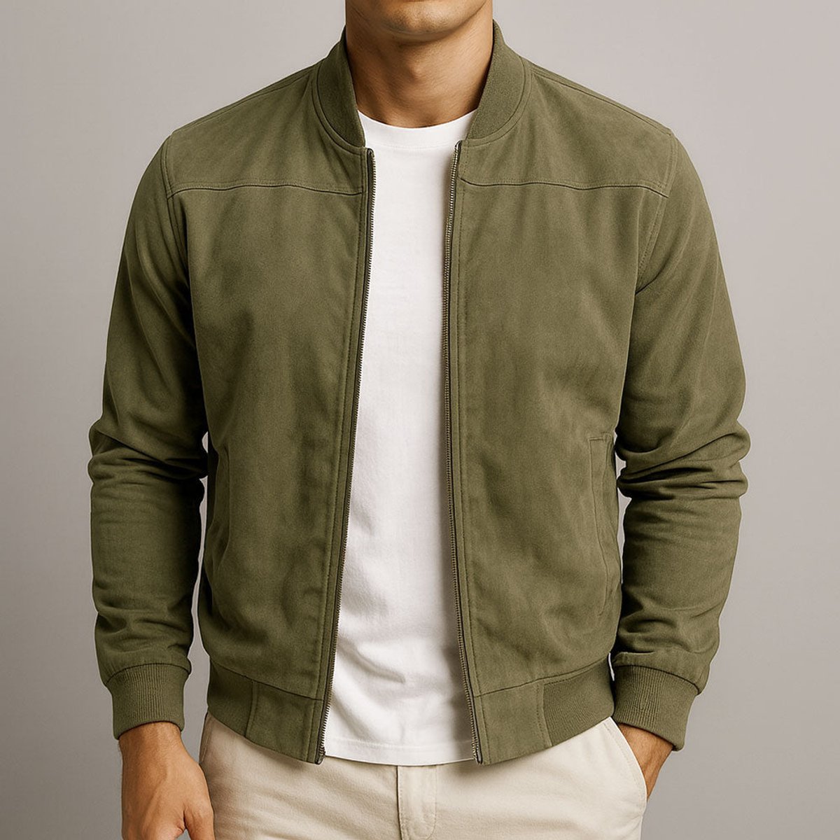 Men's slim-fit bomber jacket featuring a stylish quilted design and soft suede texture, perfect for casual and semi-formal occasions. 3