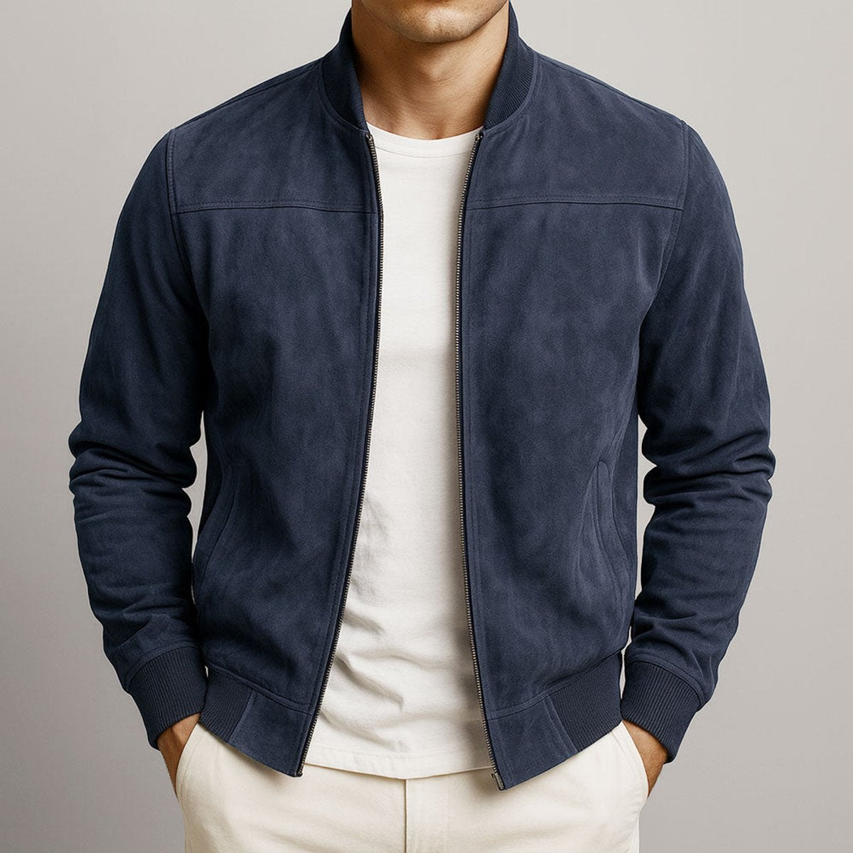 Men's slim-fit bomber jacket featuring a stylish quilted design and soft suede texture, perfect for casual and semi-formal occasions. 4