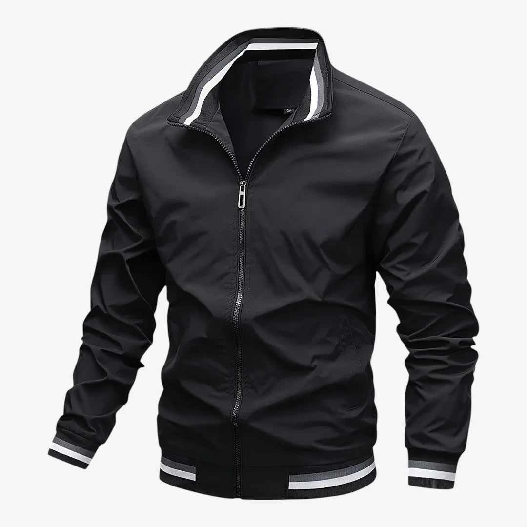 Men's black bomber windbreaker jacket with a regular fit, designed for versatile layering, perfect for casual and outdoor wear. 3