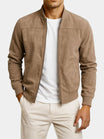 Men's suede-look bomber jacket featuring ribbed cuffs and a full-length zip, perfect for a smart-casual style. 0