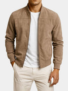 Men's suede-look bomber jacket featuring ribbed cuffs and a full-length zip, perfect for a smart-casual style. 0