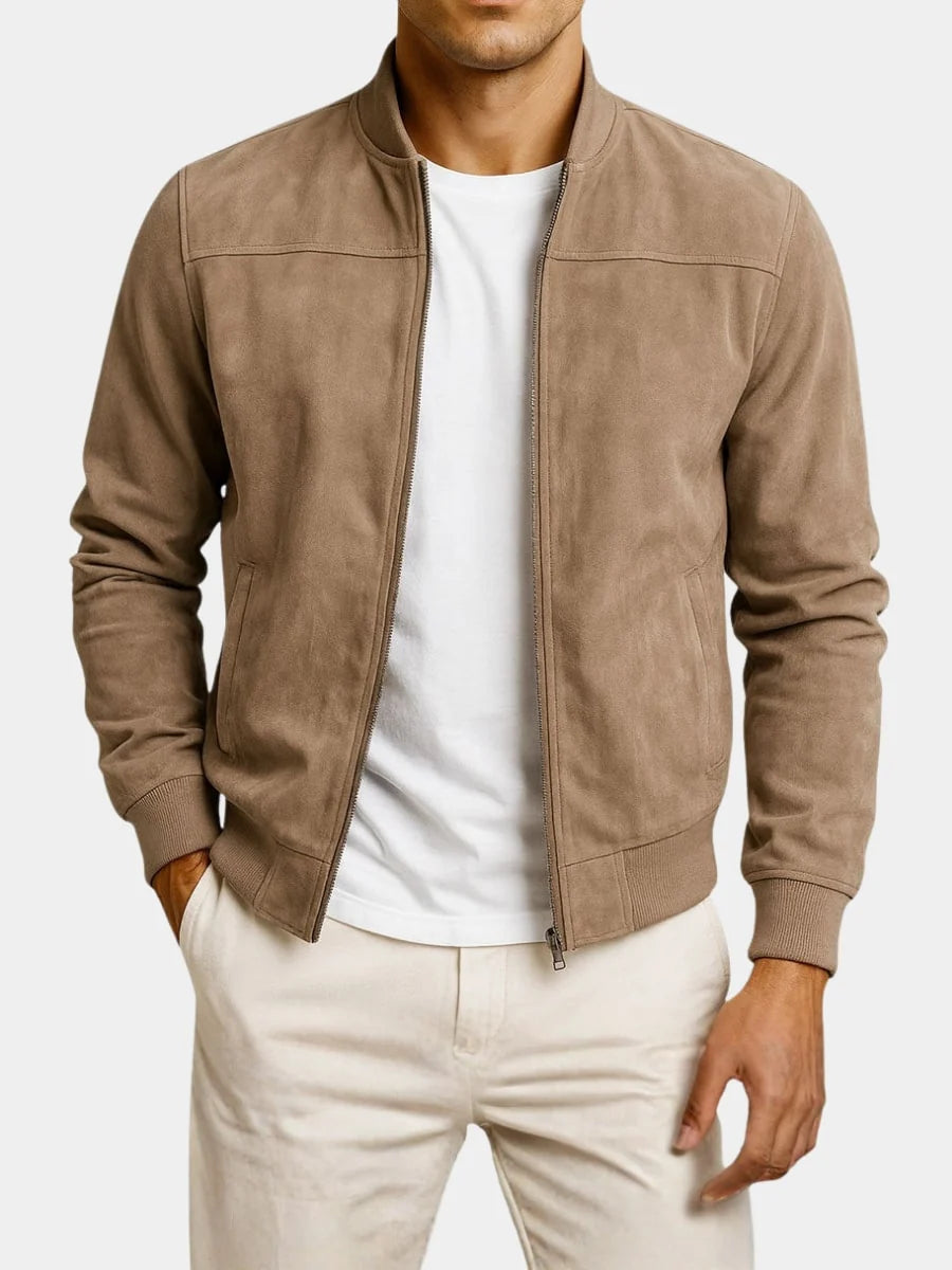 Men's suede-look bomber jacket featuring ribbed cuffs and a full-length zip, perfect for a smart-casual style. 0