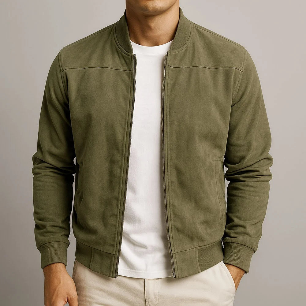 Men's suede-look bomber jacket featuring ribbed cuffs and a full-length zip, perfect for a smart-casual style. 3