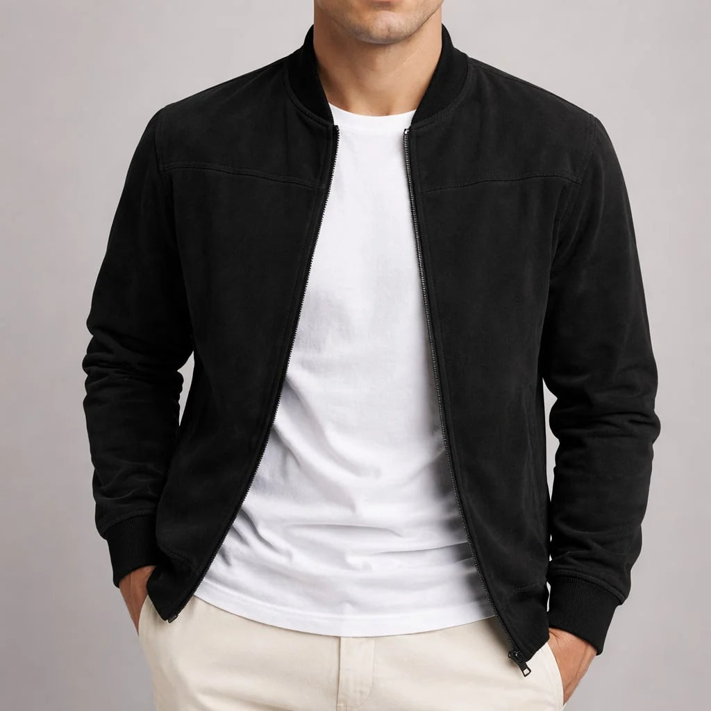 Men's suede-look bomber jacket featuring ribbed cuffs and a full-length zip, perfect for a smart-casual style. 5
