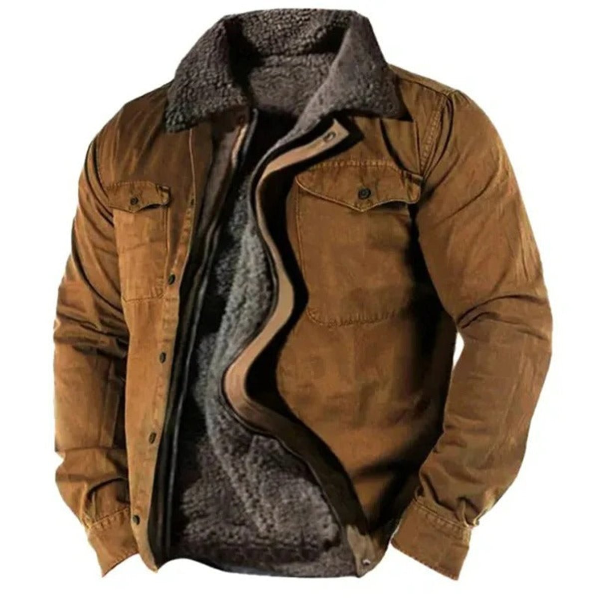 Men's jacket featuring a cozy sherpa lining, snap-front closure, and a casual western style, complete with chest pockets for added functionality. 2