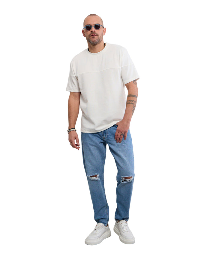 Men’s Jeans with Ripped Knees and Button Closure
