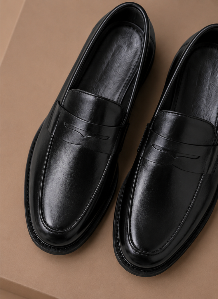 Men's polished black leather penny loafers featuring a classic slip-on design, ideal for smart casual occasions. 2