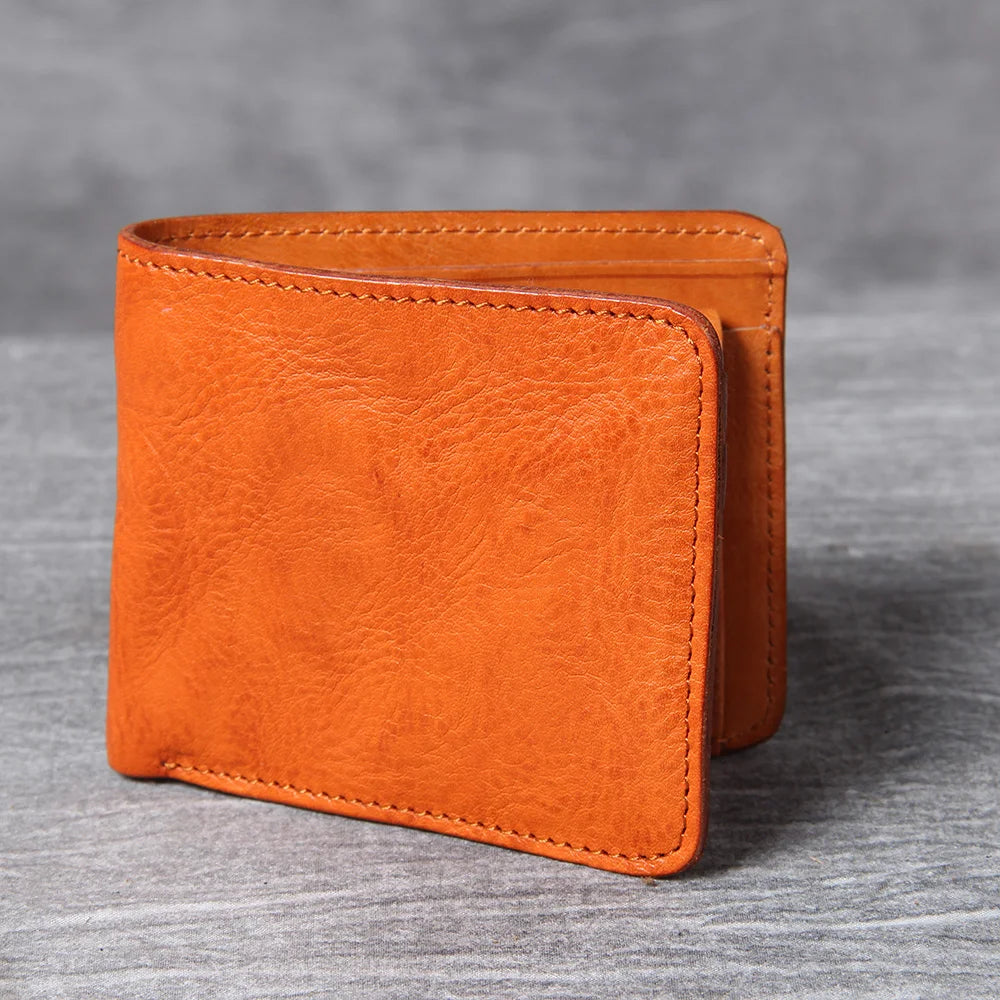 Men's leather wallet featuring a slim bi-fold design, durable cowhide material, and a convenient snap coin pocket, ideal for stylish and organized storage. 7