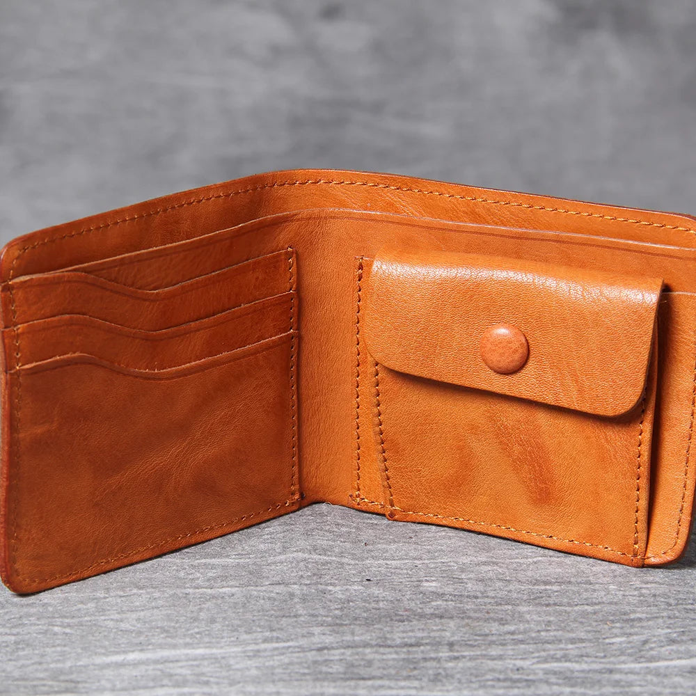 Men's leather wallet featuring a slim bi-fold design, durable cowhide material, and a convenient snap coin pocket, ideal for stylish and organized storage. 8