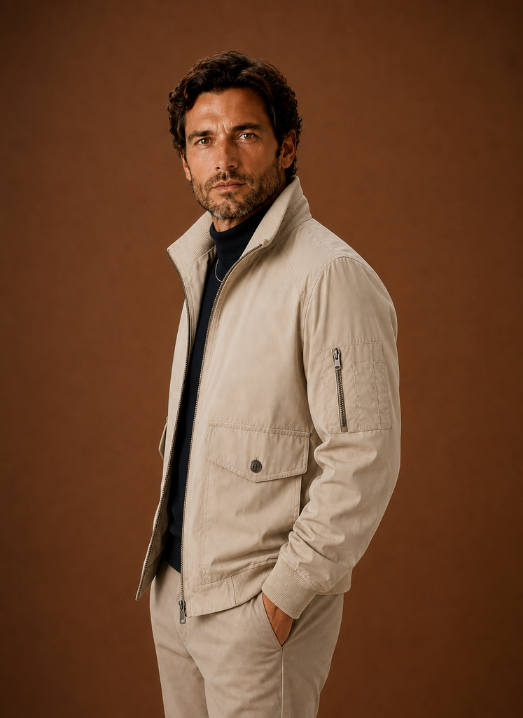 Men's lightweight bomber jacket featuring a stand collar and full-zip front, perfect for casual layering in spring and autumn. 4
