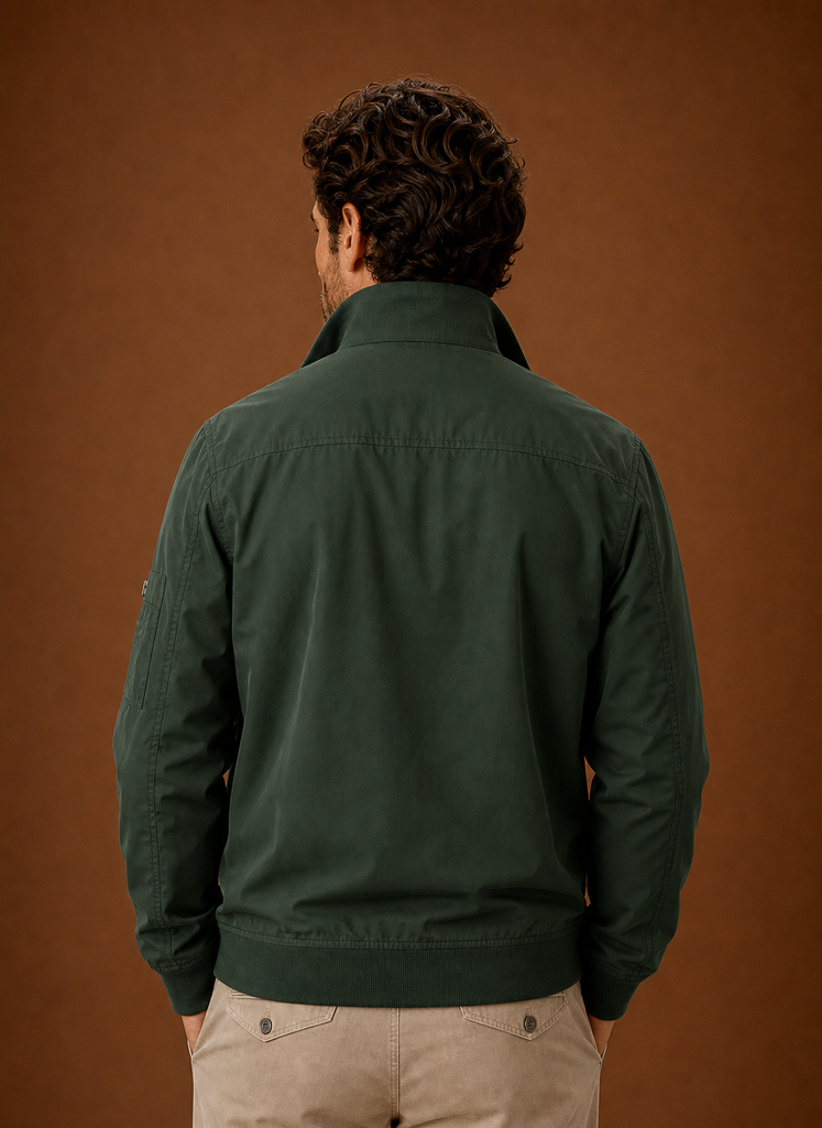 Men's lightweight bomber jacket featuring a stand collar and full-zip front, perfect for casual layering in spring and autumn. 5
