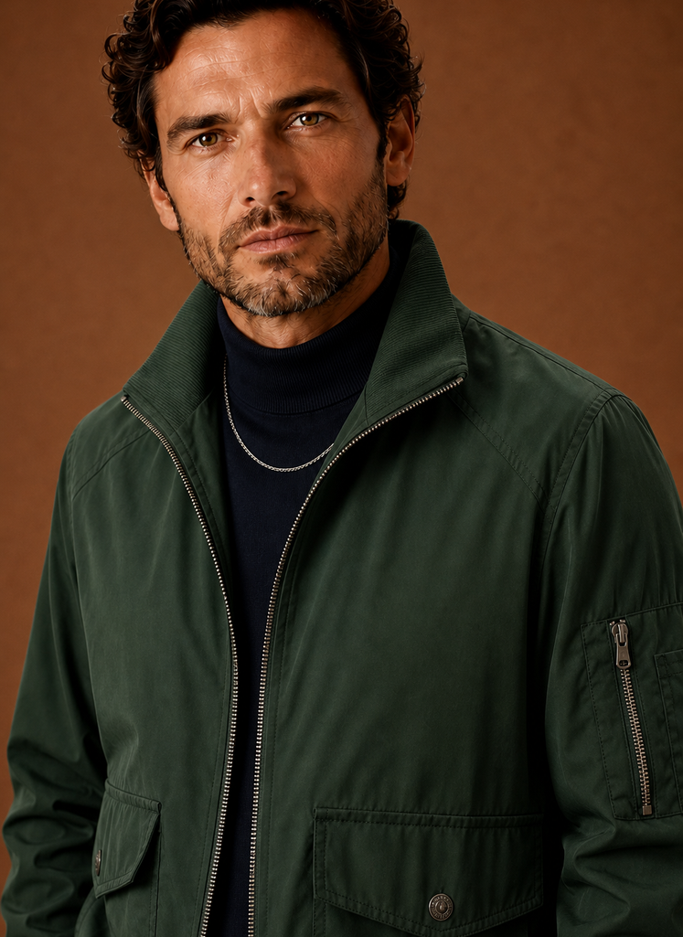 Men's lightweight bomber jacket featuring a stand collar and full-zip front, perfect for casual layering in spring and autumn. 6