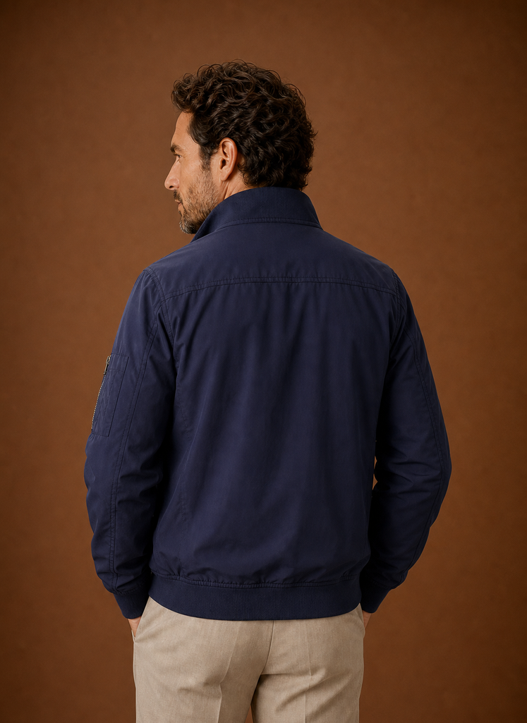 Men's lightweight bomber jacket featuring a stand collar and full-zip front, perfect for casual layering in spring and autumn. 8