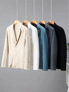 Men's linen blazer jacket featuring a casual fit, made from a lightweight breathable cotton blend, perfect for summer events. 2