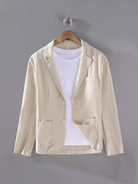 Men's linen blazer jacket featuring a casual fit, made from a lightweight breathable cotton blend, perfect for summer events. 4
