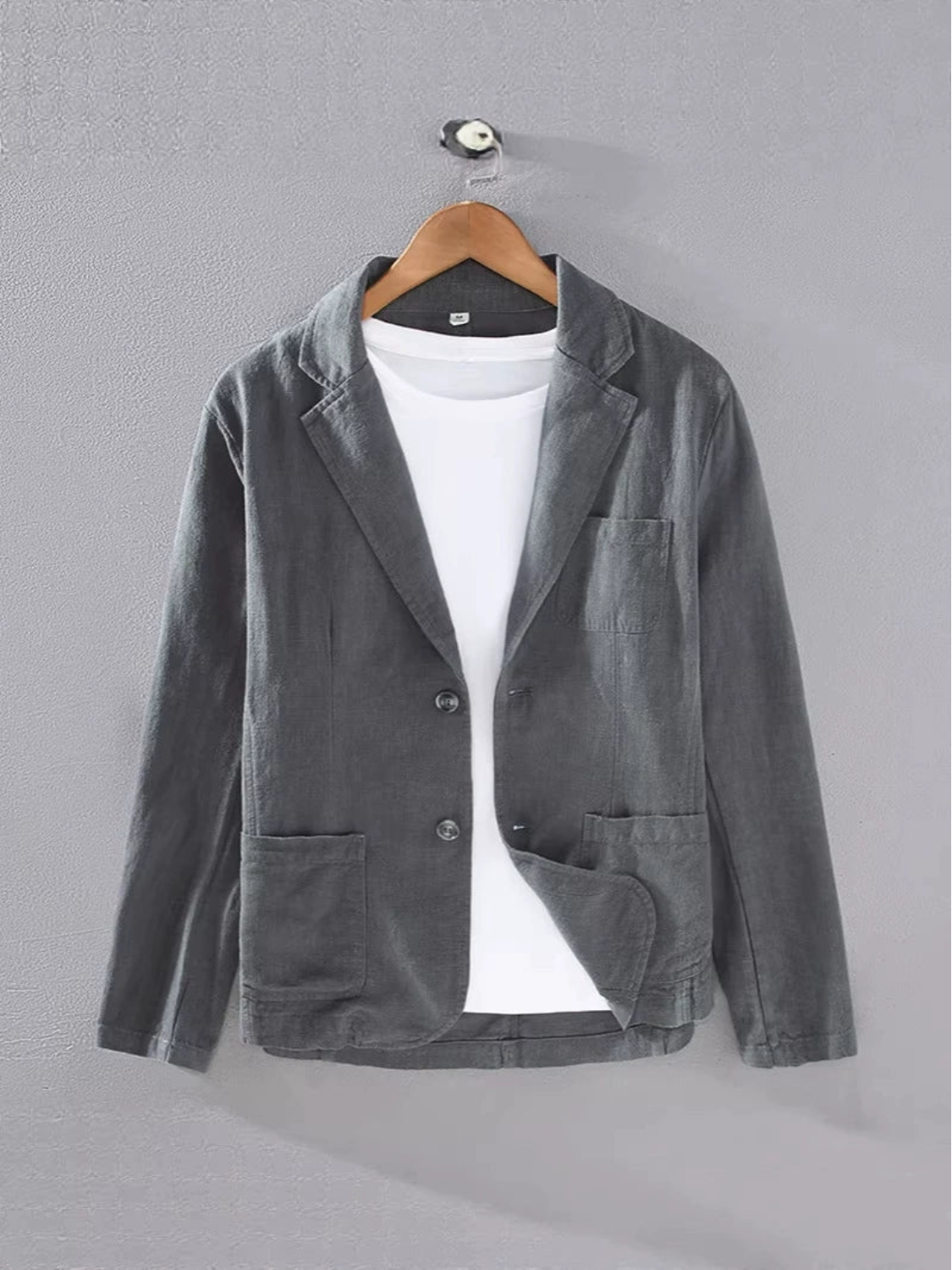 Men's linen blazer jacket featuring a casual fit, made from a lightweight breathable cotton blend, perfect for summer events. 5