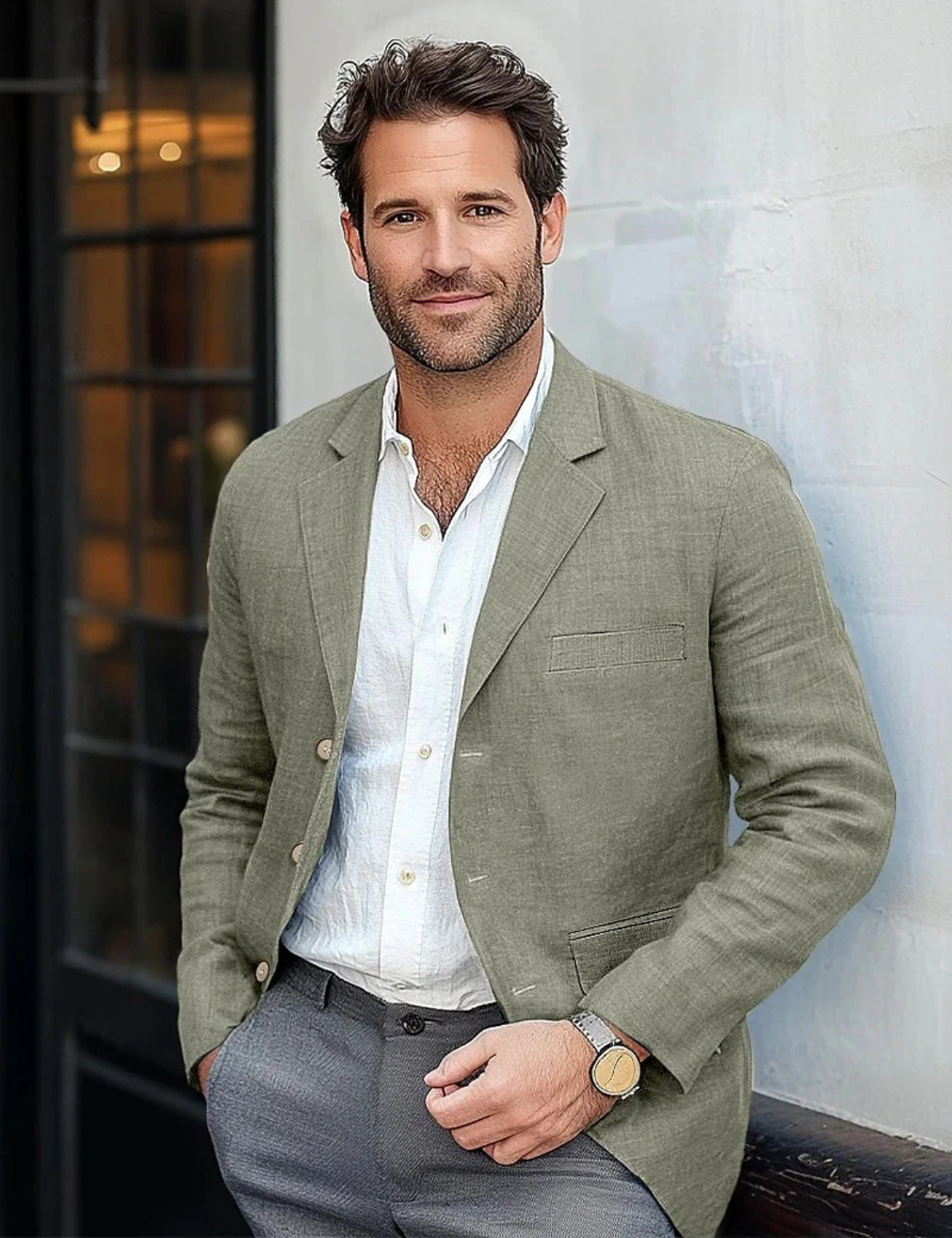 Men's linen blazer jacket featuring a tailored fit and breathable fabric, perfect for smart casual summer wear. 0