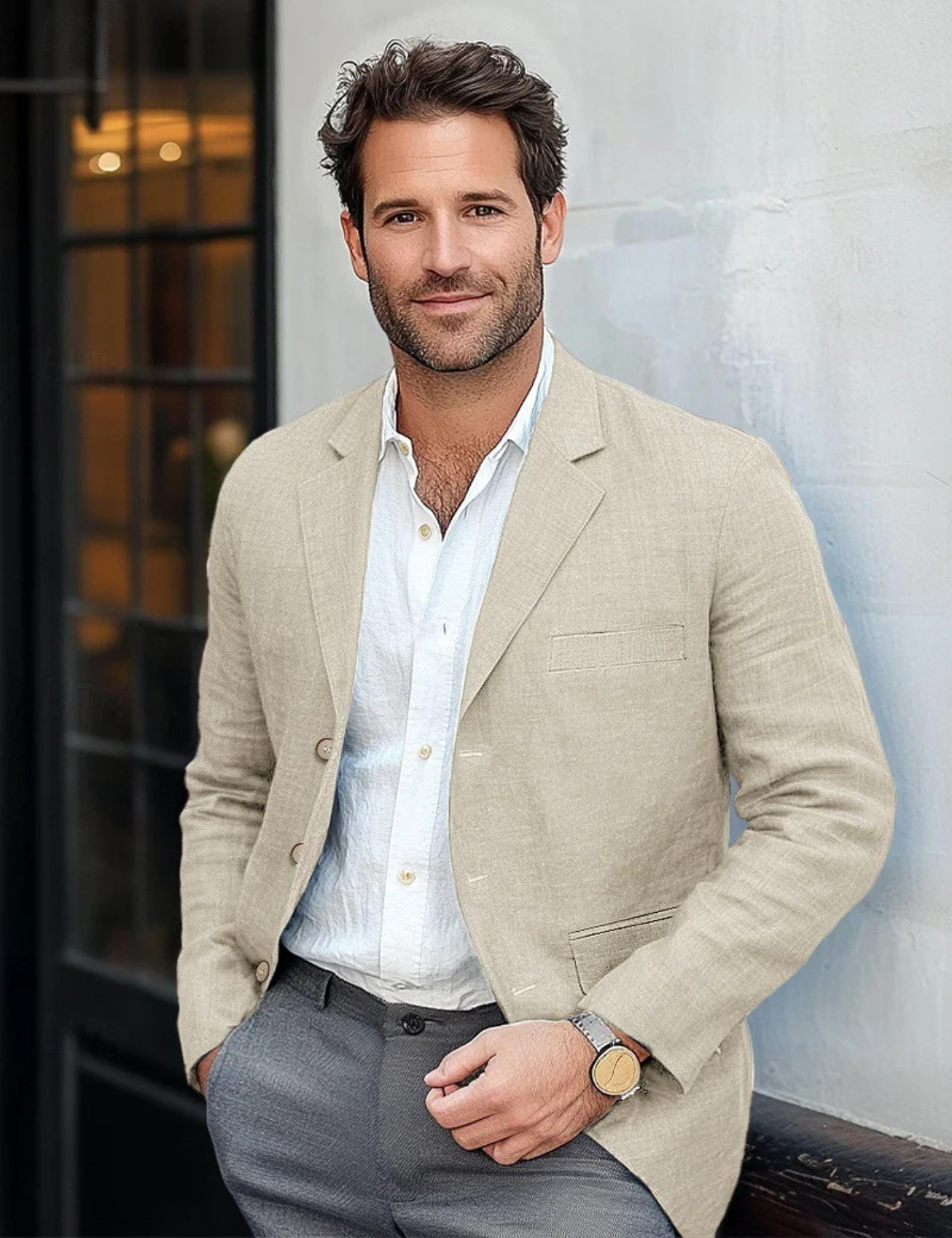 Men's linen blazer jacket featuring a tailored fit and breathable fabric, perfect for smart casual summer wear. 1