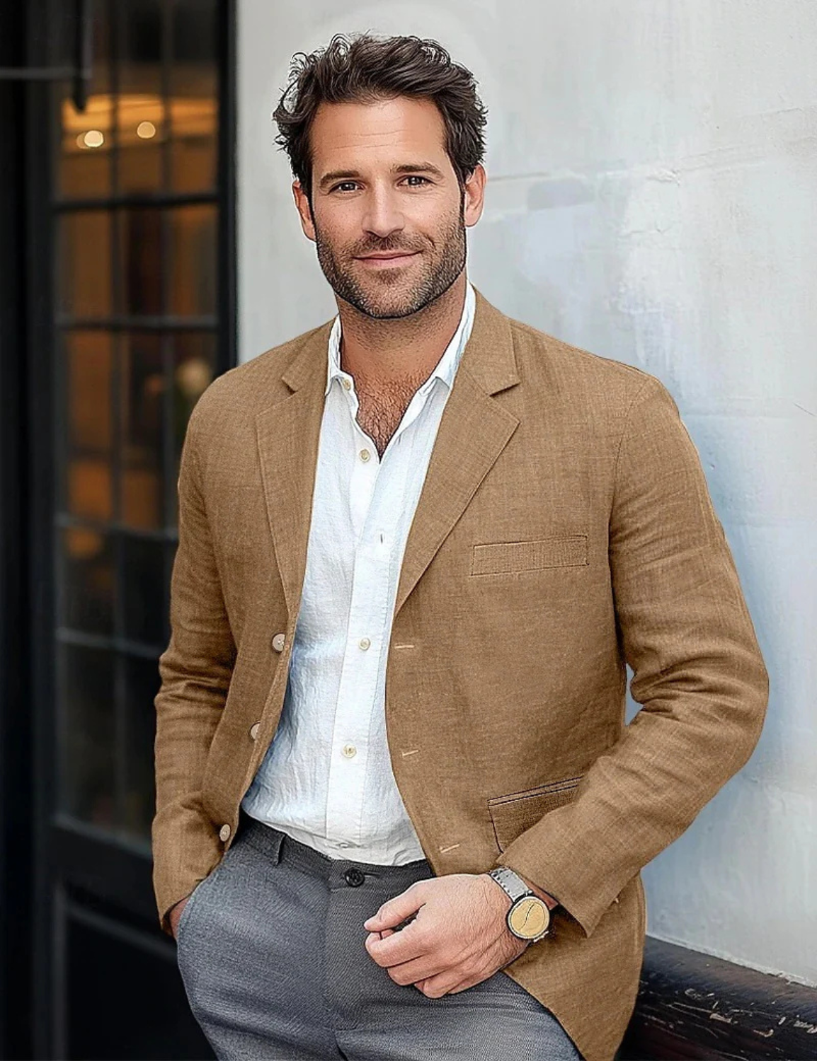 Men's linen blazer jacket featuring a tailored fit and breathable fabric, perfect for smart casual summer wear. 2