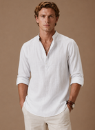 Men's Linen Shirt with Grandad Collar in relaxed fit, ideal for casual wear; made from lightweight, breathable fabric for ultimate comfort. 0
